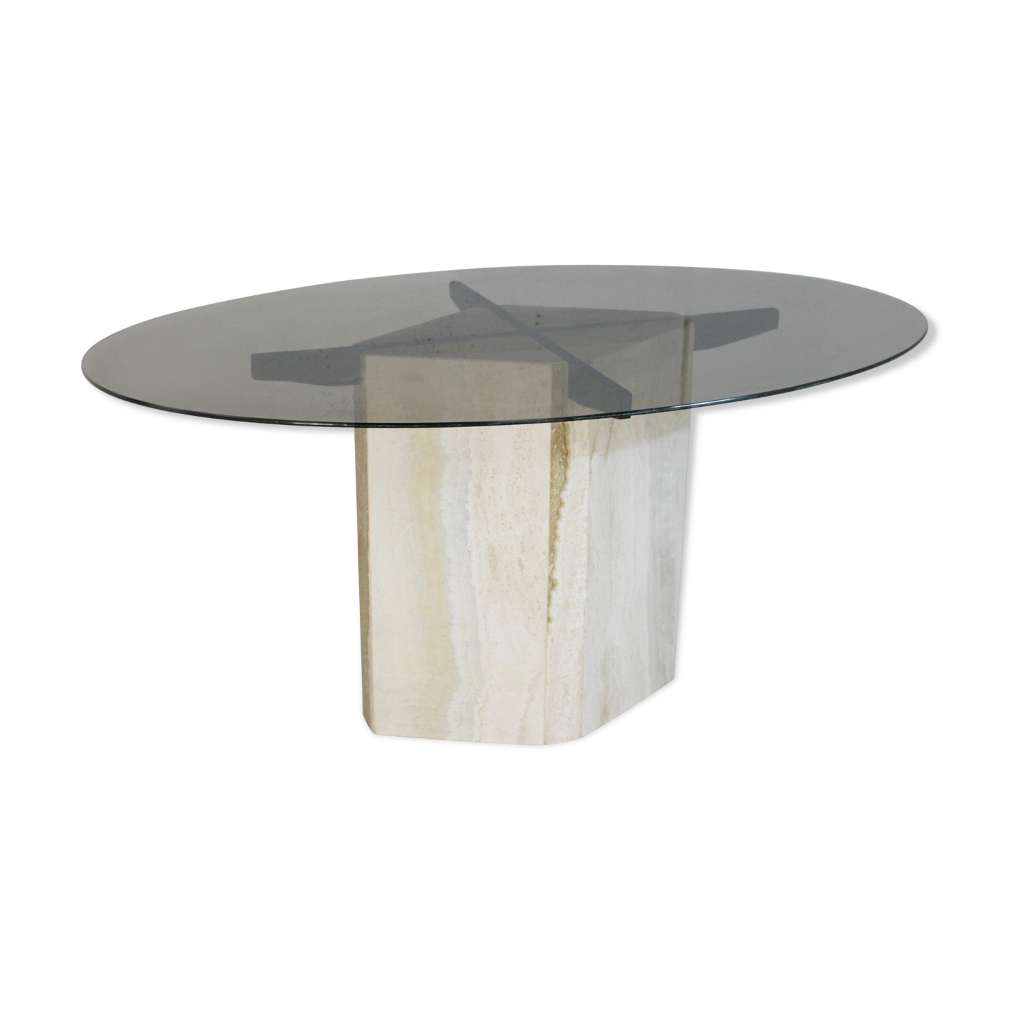 Living table, Comblanchian stone base and elliptical tray in smoked glass, Italy, 1970