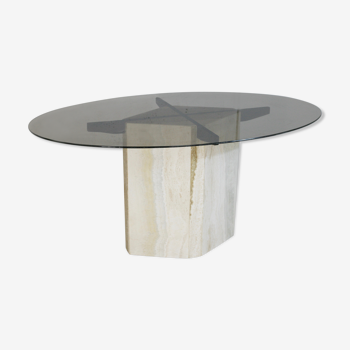 Living table, Comblanchian stone base and elliptical tray in smoked glass, Italy, 1970