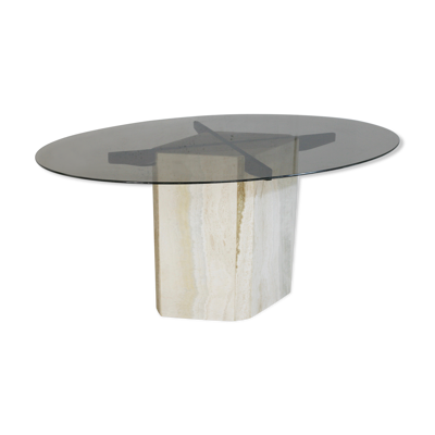 Table de séjour, piètement en pierre et plateau elliptique en verre fumé, Italie, 1970