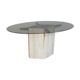 Living table, Comblanchian stone base and elliptical tray in smoked glass, Italy, 1970