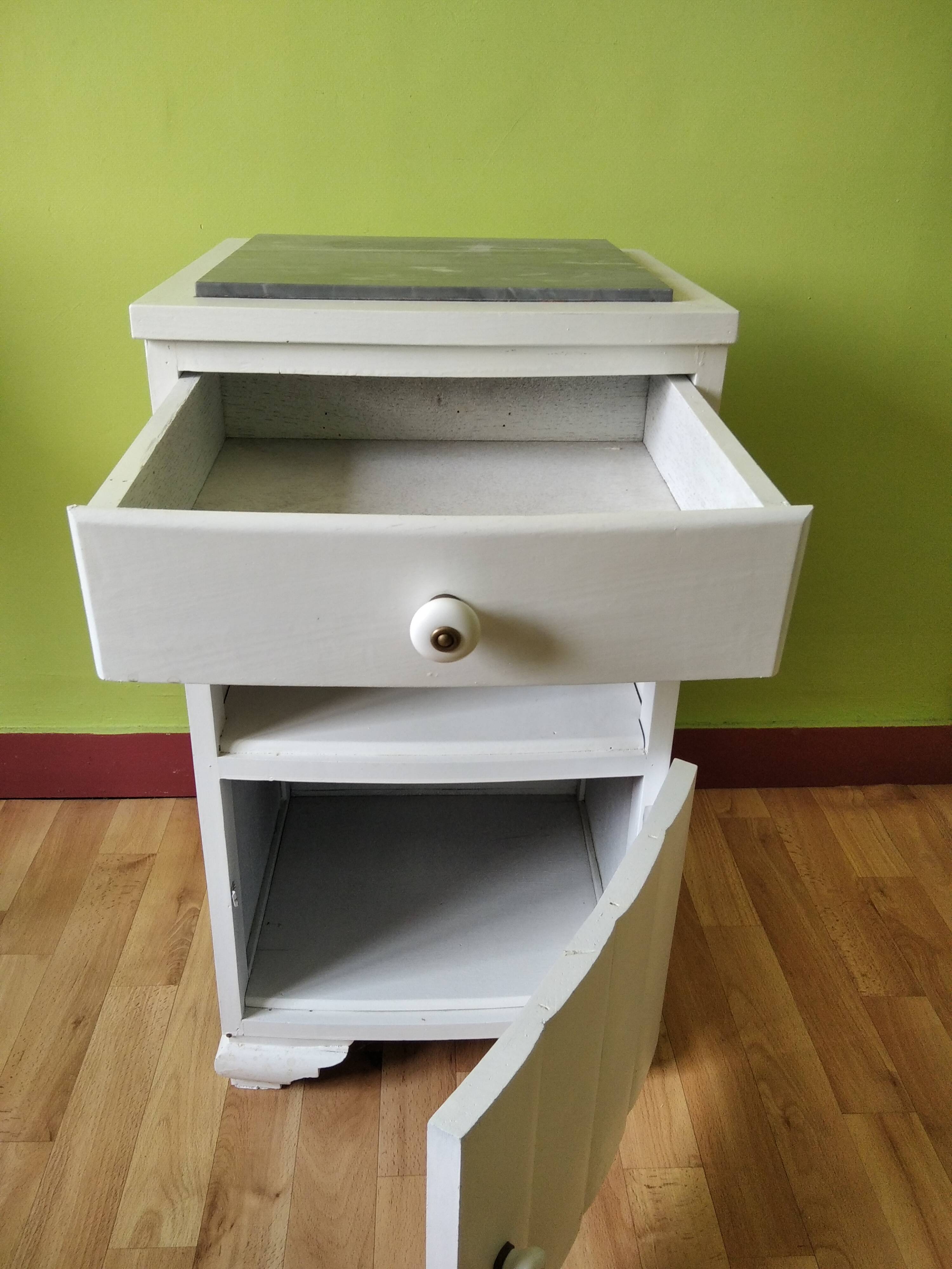 White night table with grey marble top