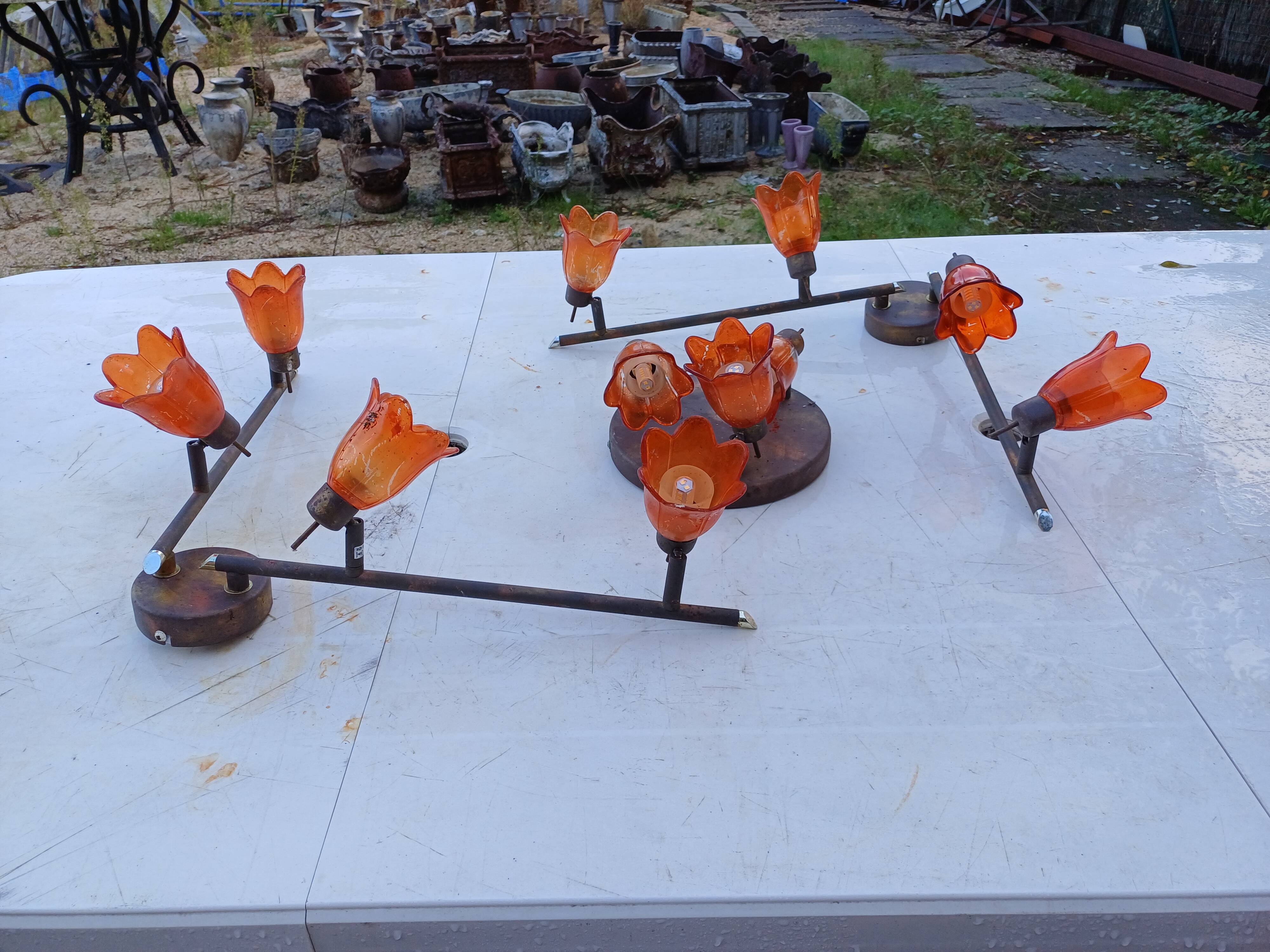 3 Vintage Gold Metal Glass Tulip Pendant Lights