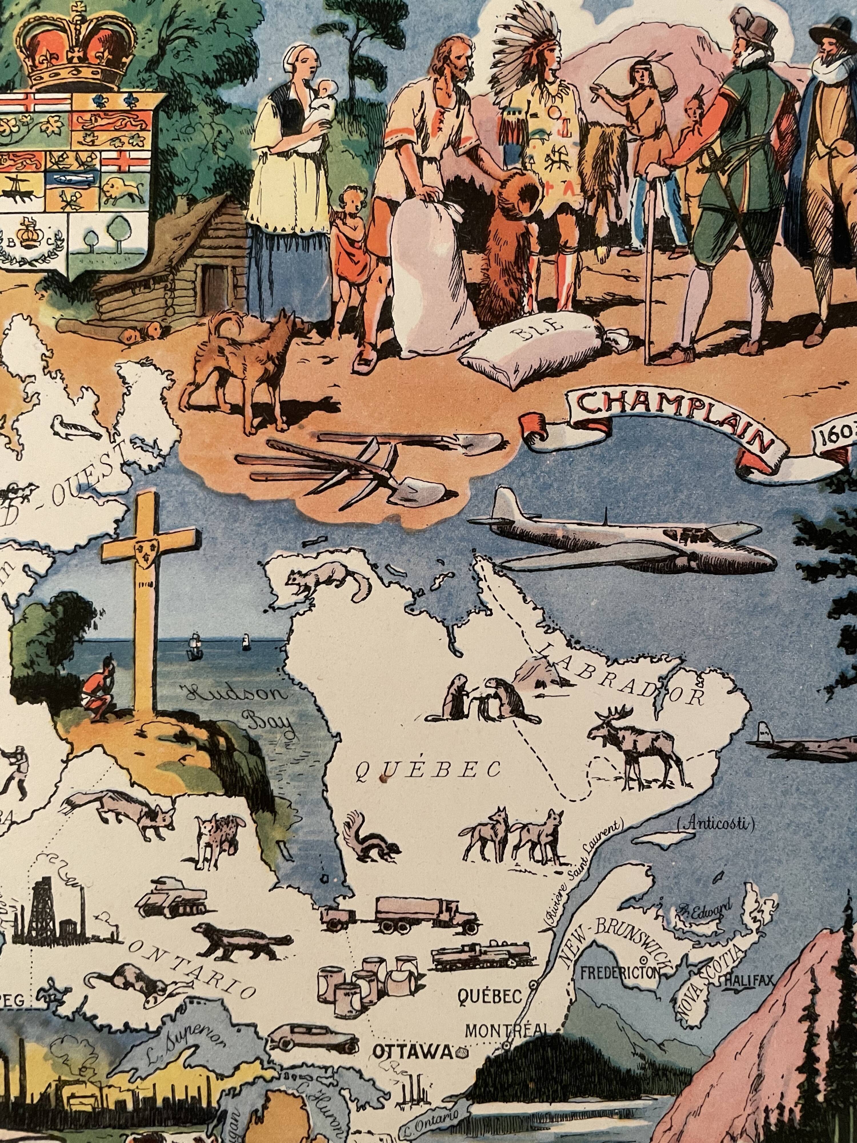 Affiche ancienne carte illustrée du canada de 1948 - jp pinchon