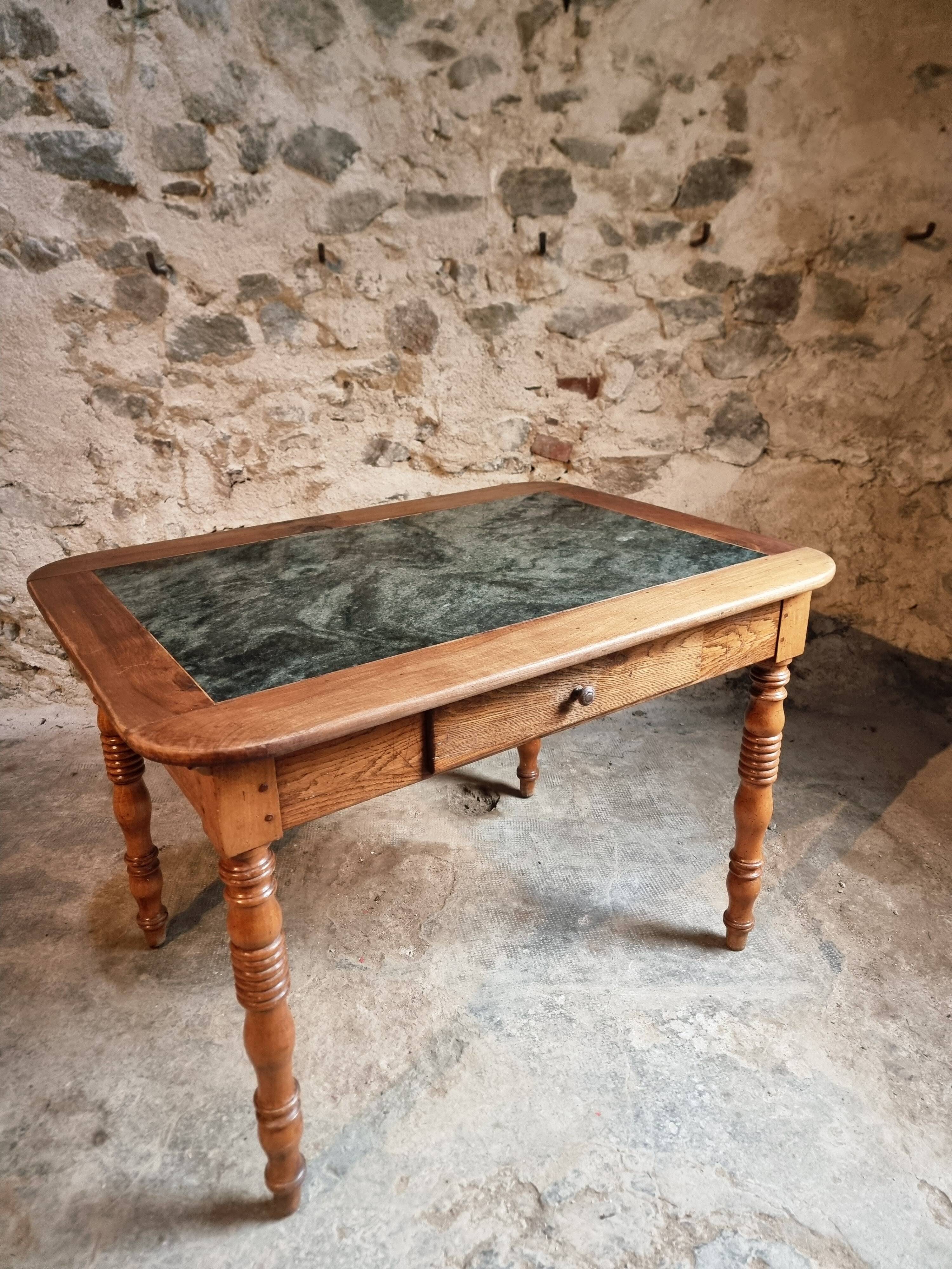French vintage dining/desk table – oak and walnut – marble top – 1960s writing table with drawer