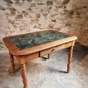 French vintage dining/desk table – oak and walnut – marble top – 1960s writing table with drawer