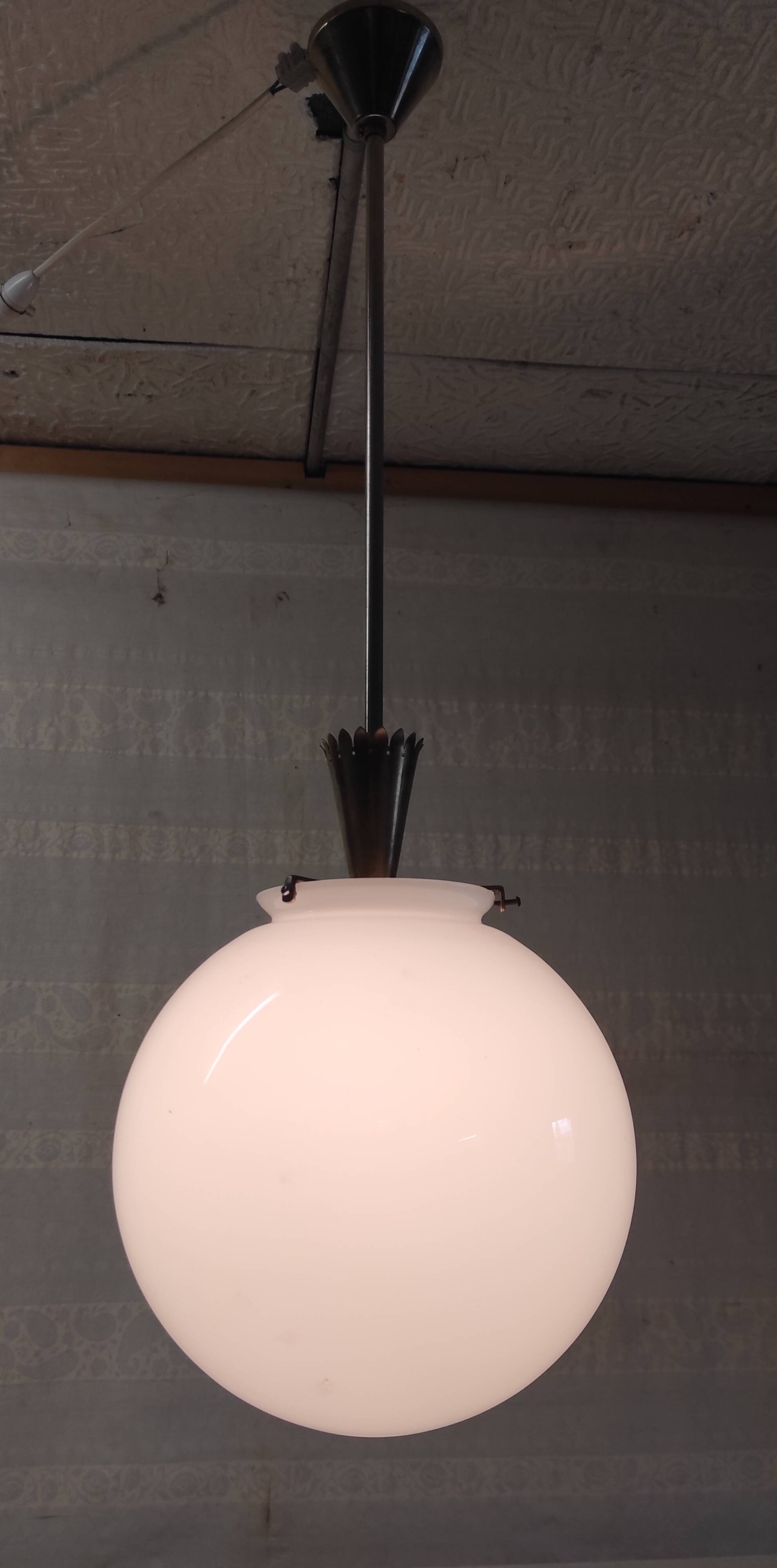 25 cm opaline globe and brass pendant light - 1940s/1950s