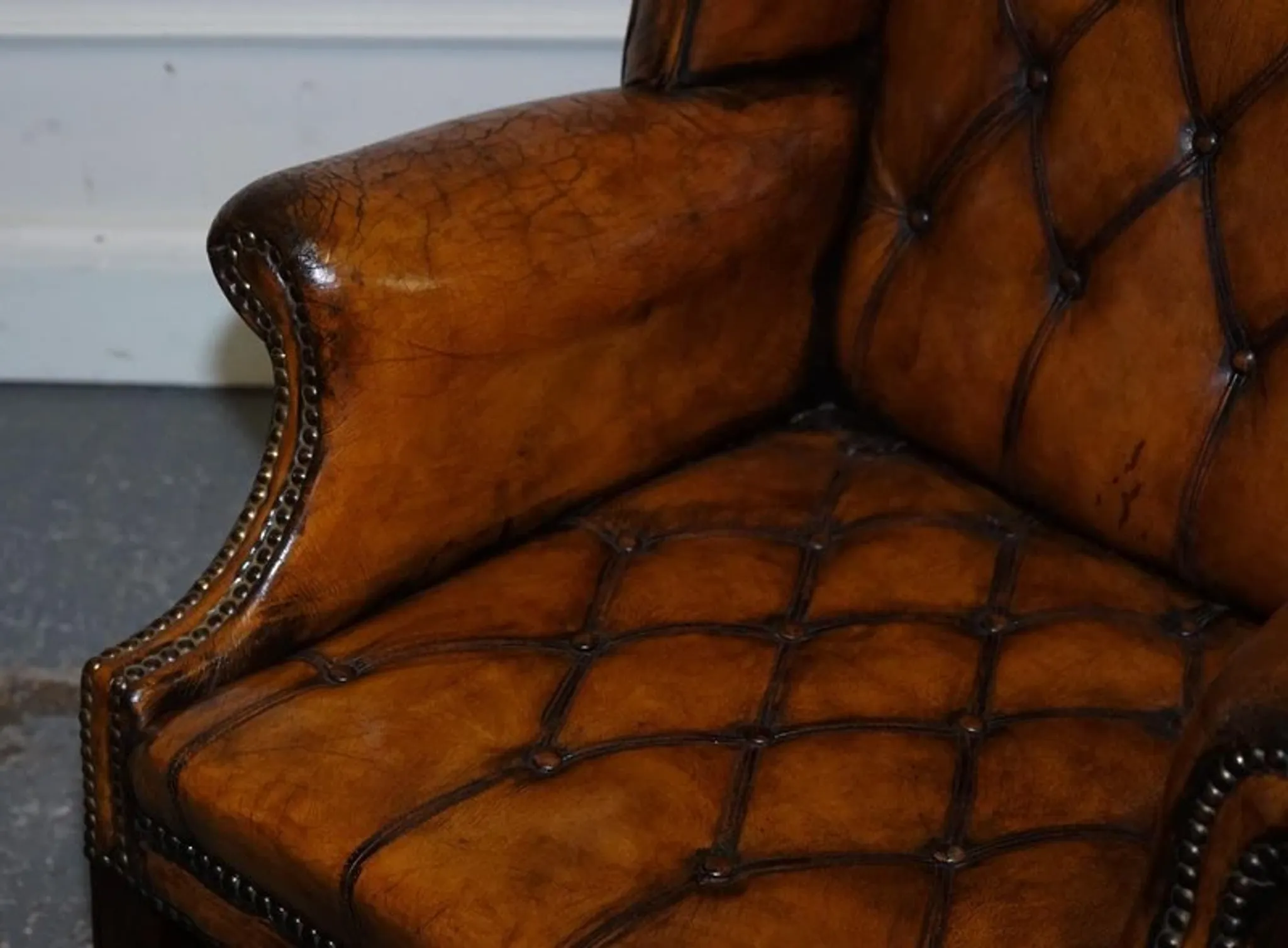 Chesterfield Wingback Armchair Set in Hand-Dyed Brown Leather, 1960s