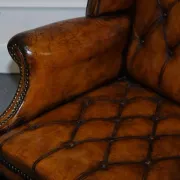 Chesterfield Wingback Armchair Set in Hand-Dyed Brown Leather, 1960s