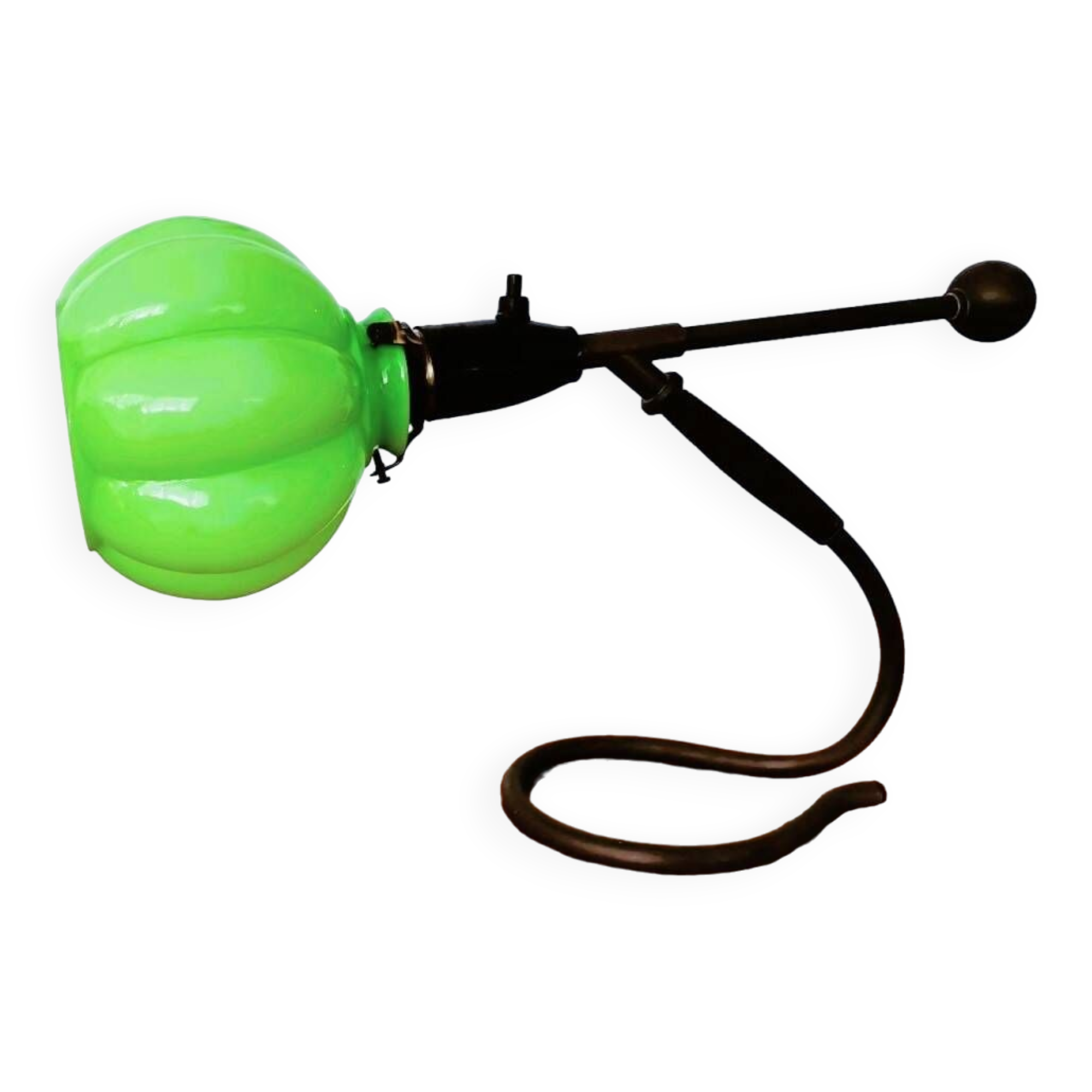 Modernist green cased glass and brass articulated table lamp