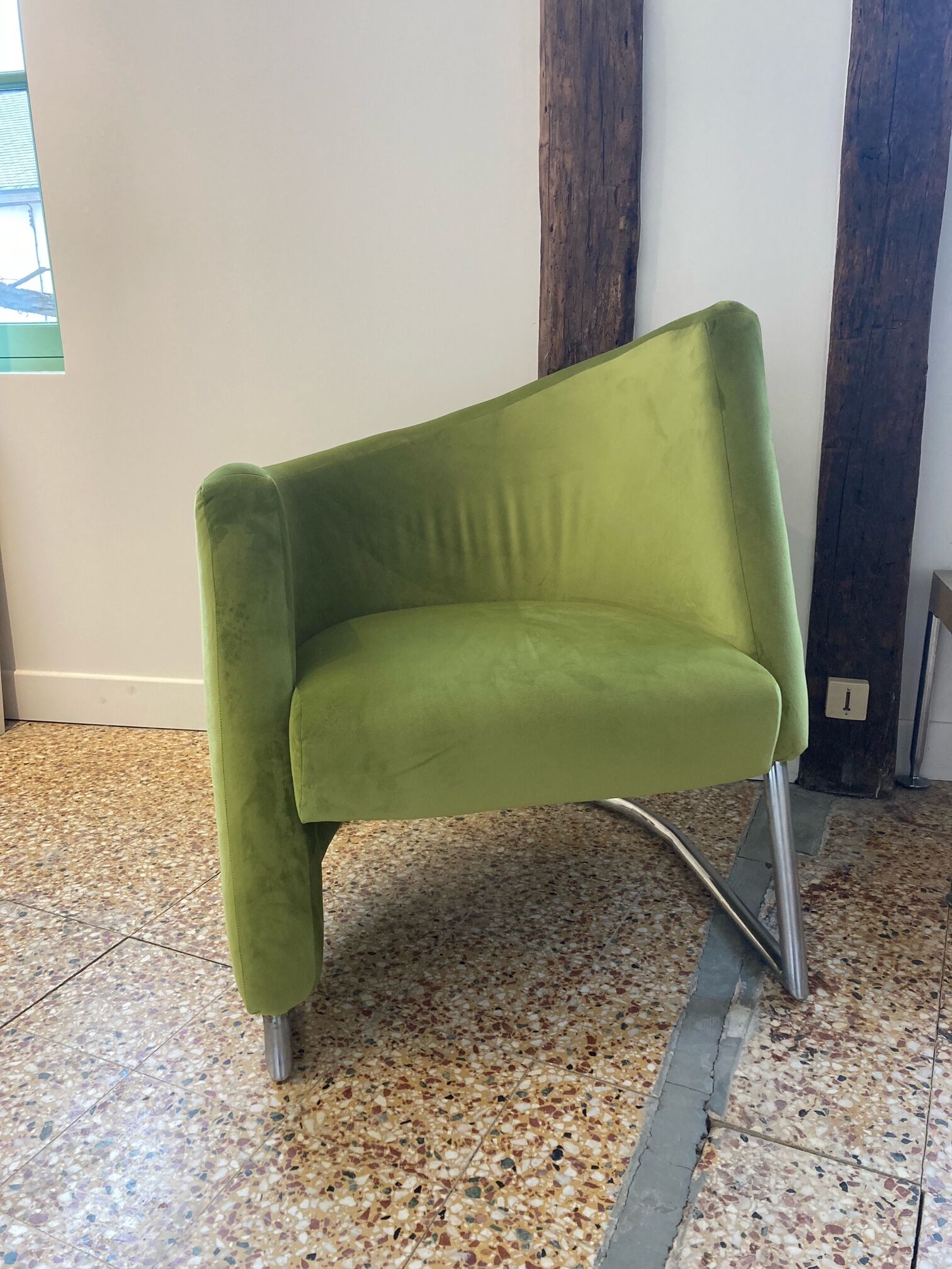 Erling Revheim, Armchair model "Spiral" in chrome tubular metal and green fabric