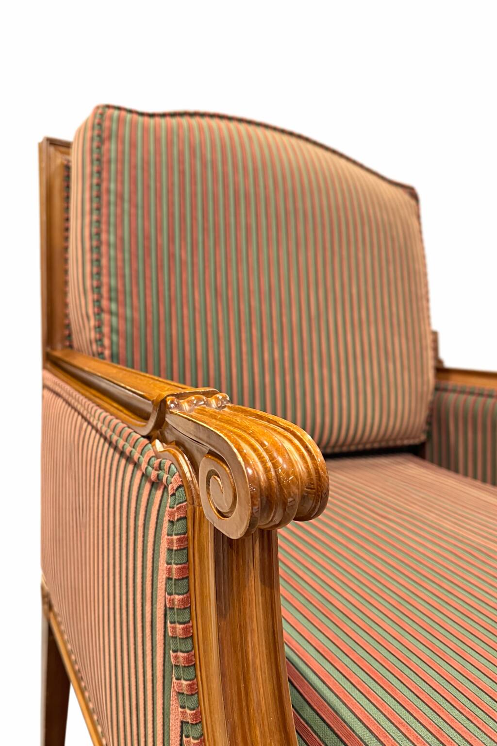 Armchair in the style of Louis XVI made of solid wood, striped fabric.