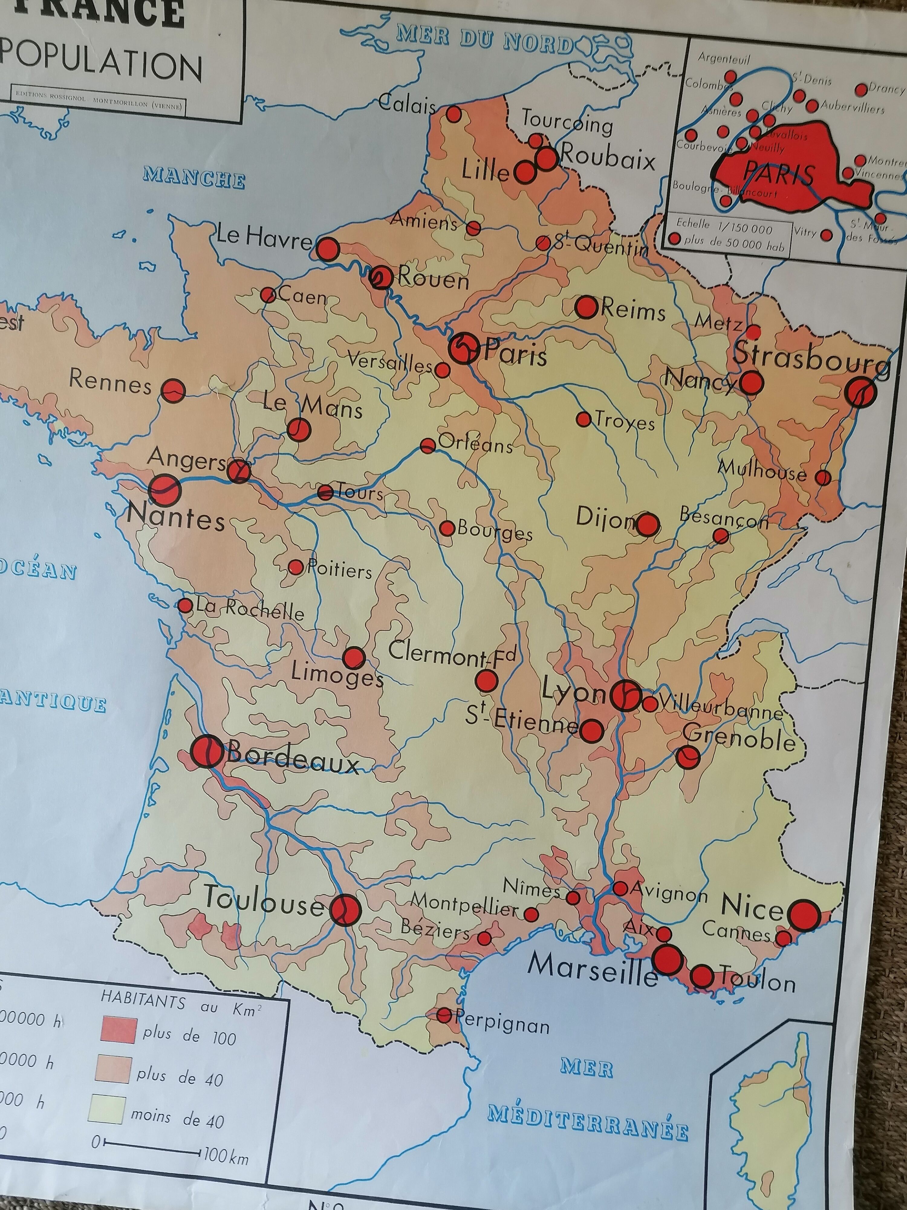Old Rossignol Scolaire poster: La France - Départements et Population.