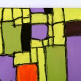 Modern abstract green, yellow, purple and orange mixed media painting