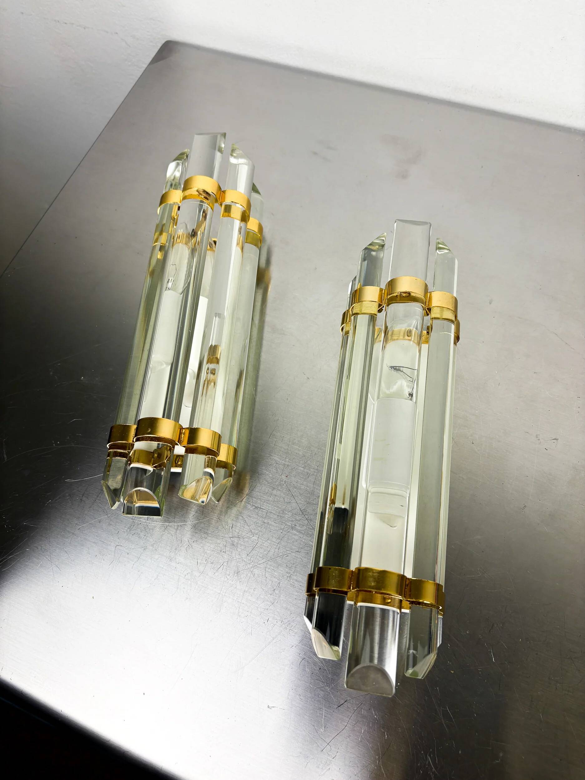Pair of Venini half-moon wall lights – cut crystal glass & brass, Italy 1970s