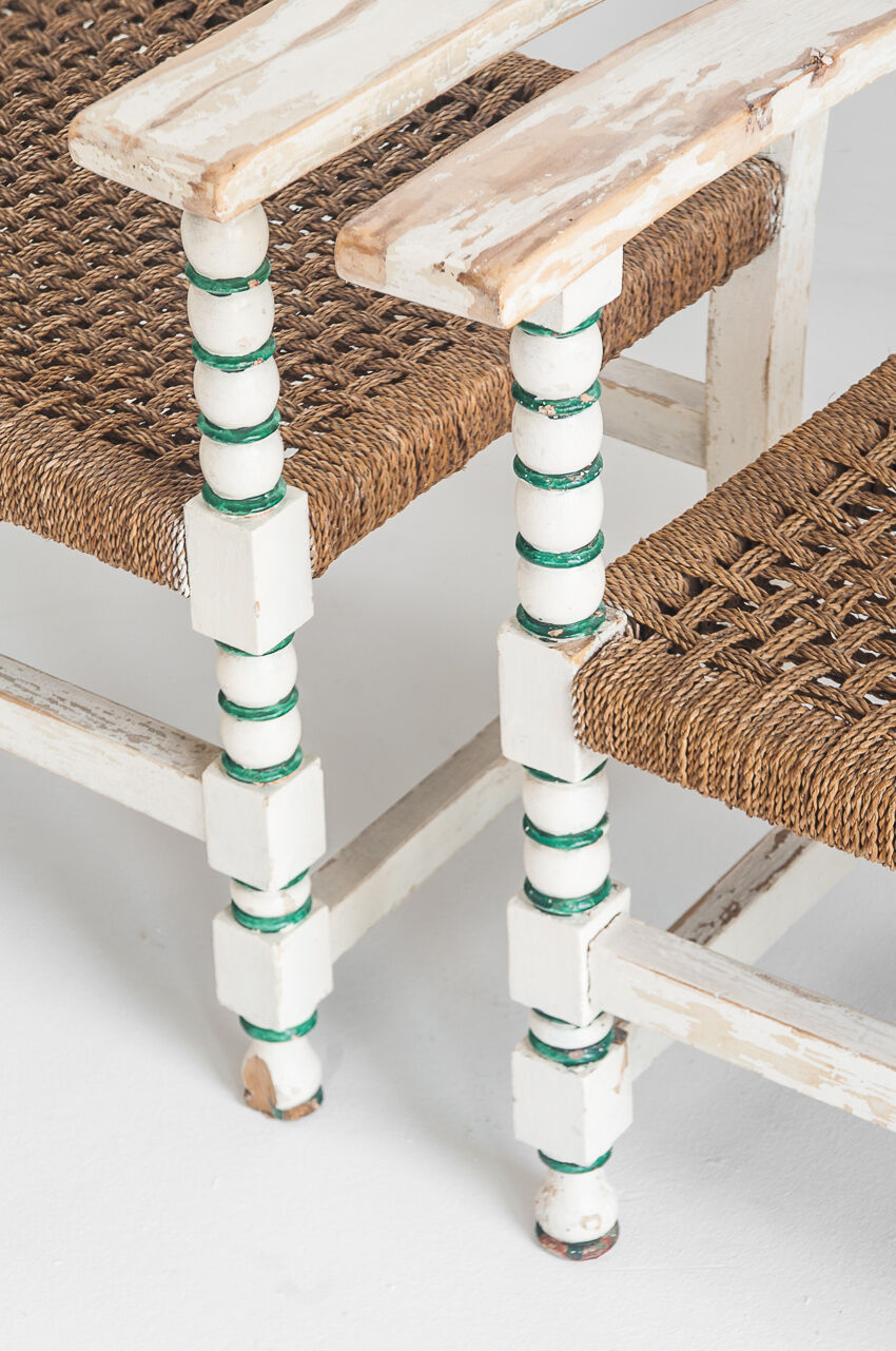 Set of vintage wooden and woven rope armchairs with a matching table. Spain, 1960s.