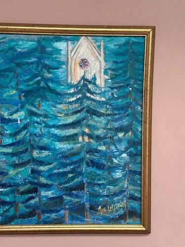 Mid-Century Oil on Canvas “Blue Trees” by Ag Liljardh– Vintage & Framed