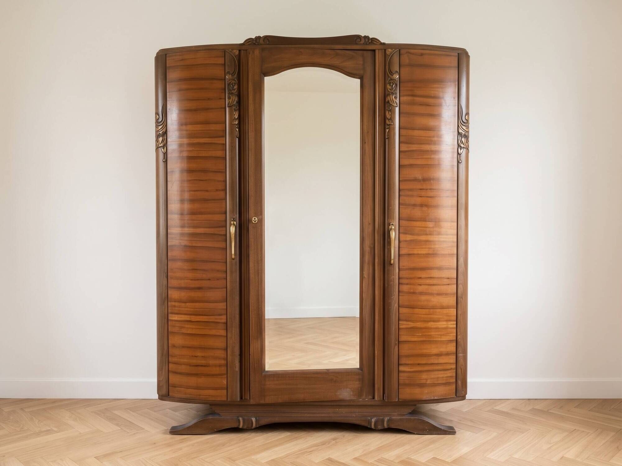 Antique 3-door Art Deco wardrobe in solid wood with mirror