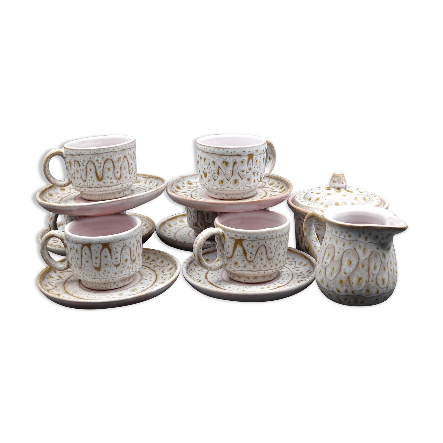 Earthenware coffee service signed Jean Austruy Vallauris around 1970 - Cups - saucers - milk pot