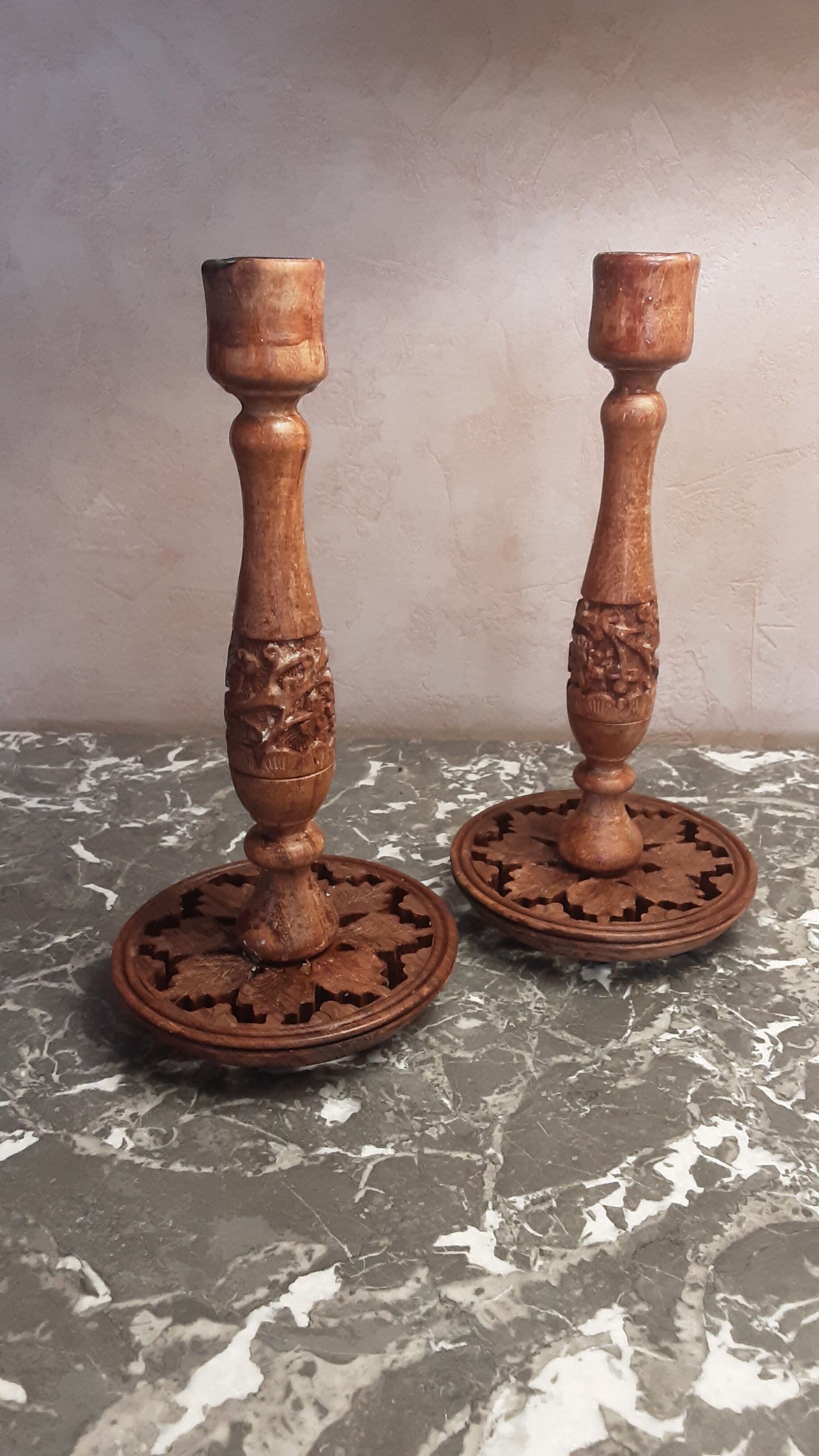 Lot 2 vintage wooden candlesticks