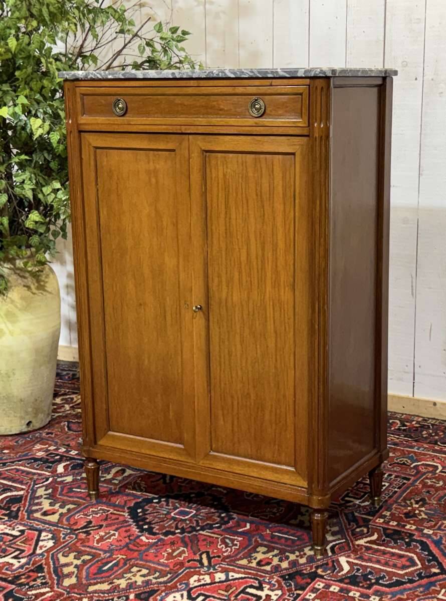 Small Louis XVI style cabinet in mahogany, oak, and marble top.