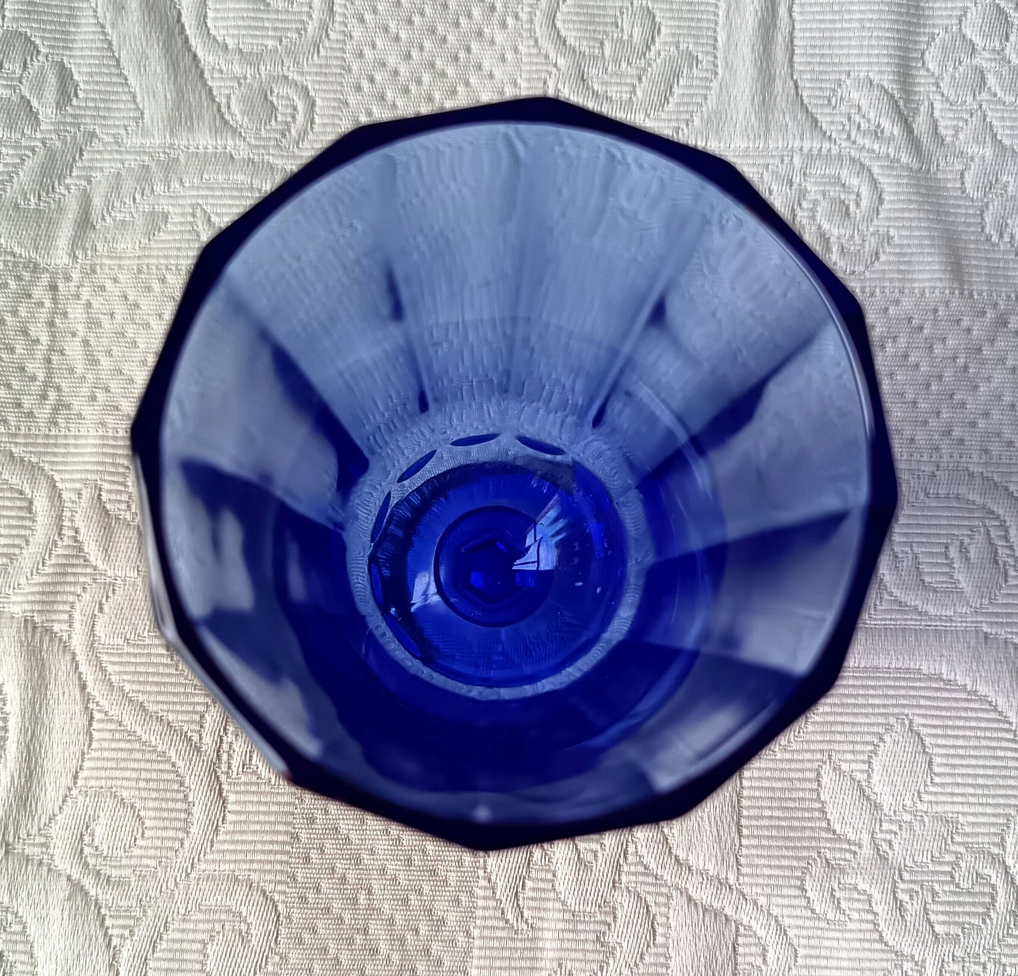 8 vintage aperitif glasses in cobalt blue coloured glass from Portugal.