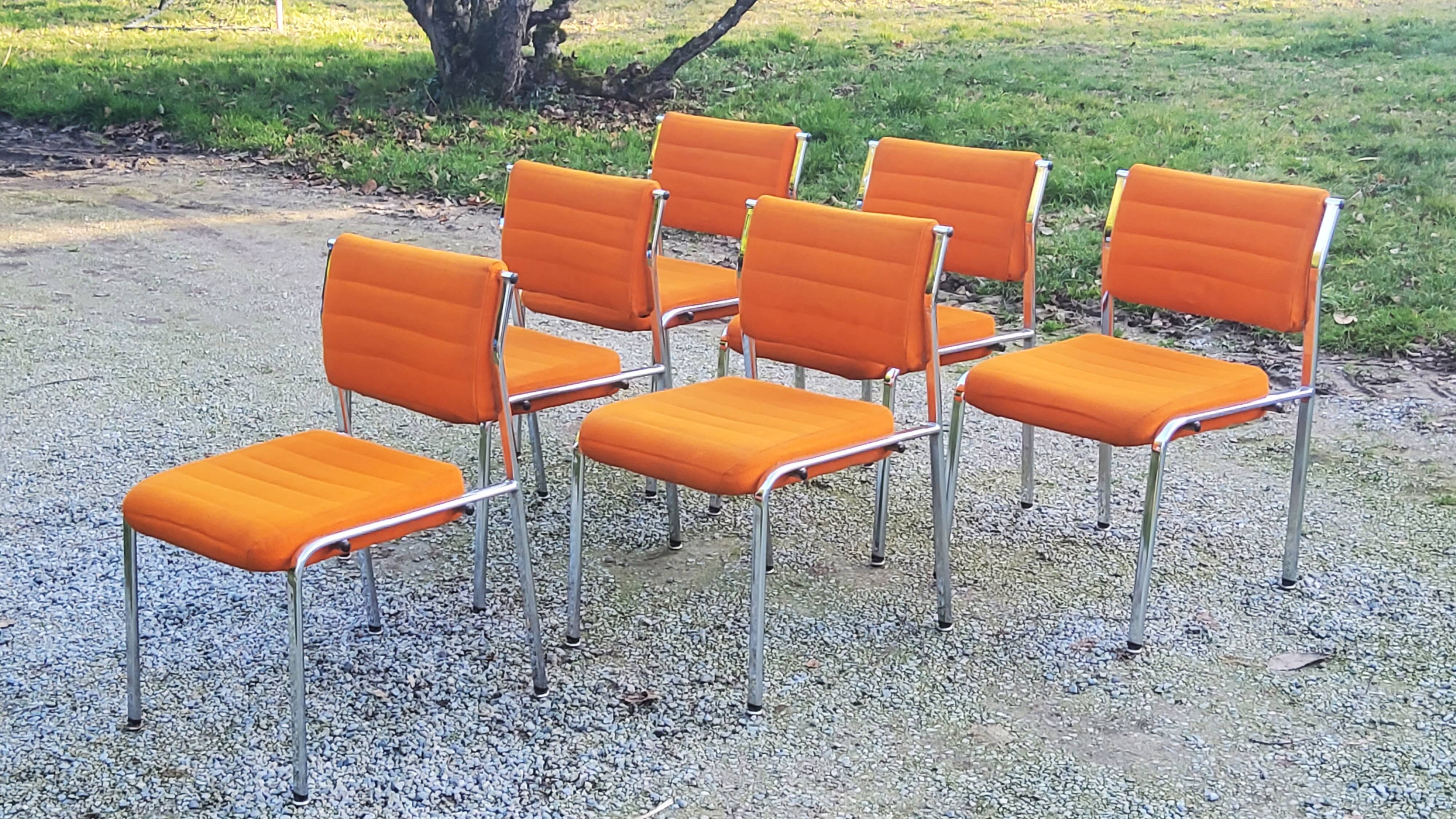 Set of 6 designer chairs from the 70s orange fabrics and chrome tubes