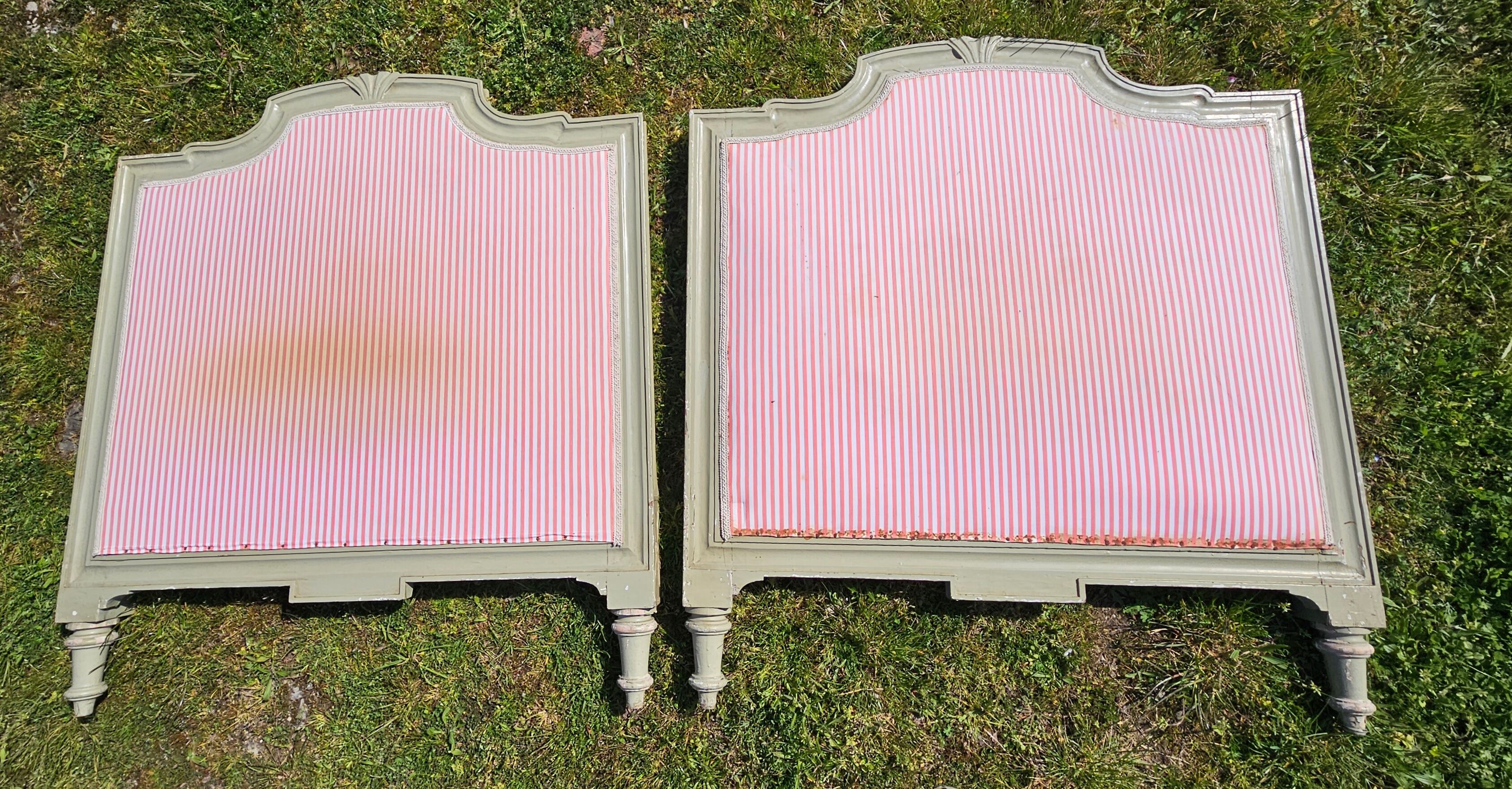 2 headboards striped fabric and wood painted putty color