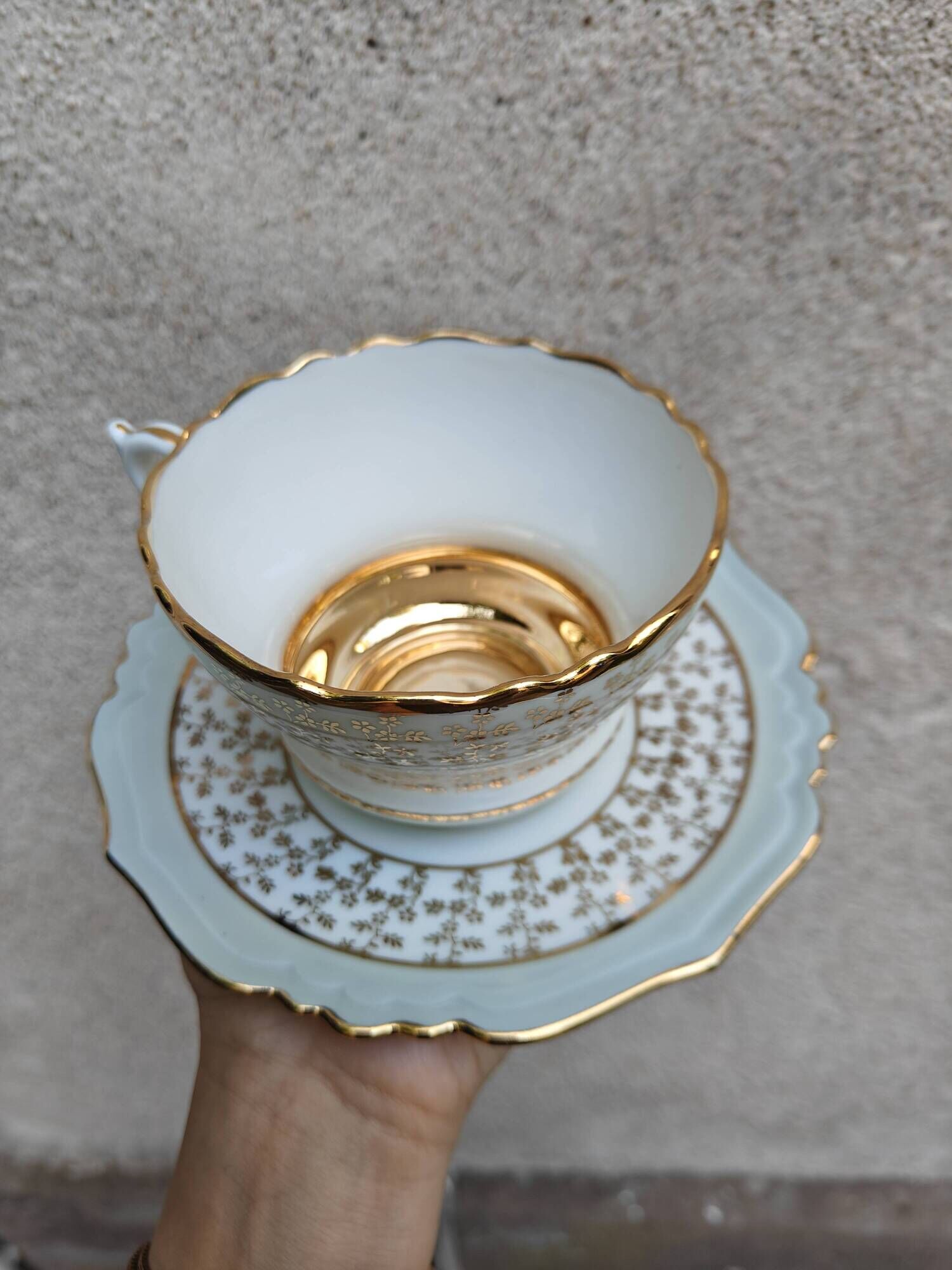 Duo of tea cups and saucers Limoges Lucien Michelaud - Green porcelain