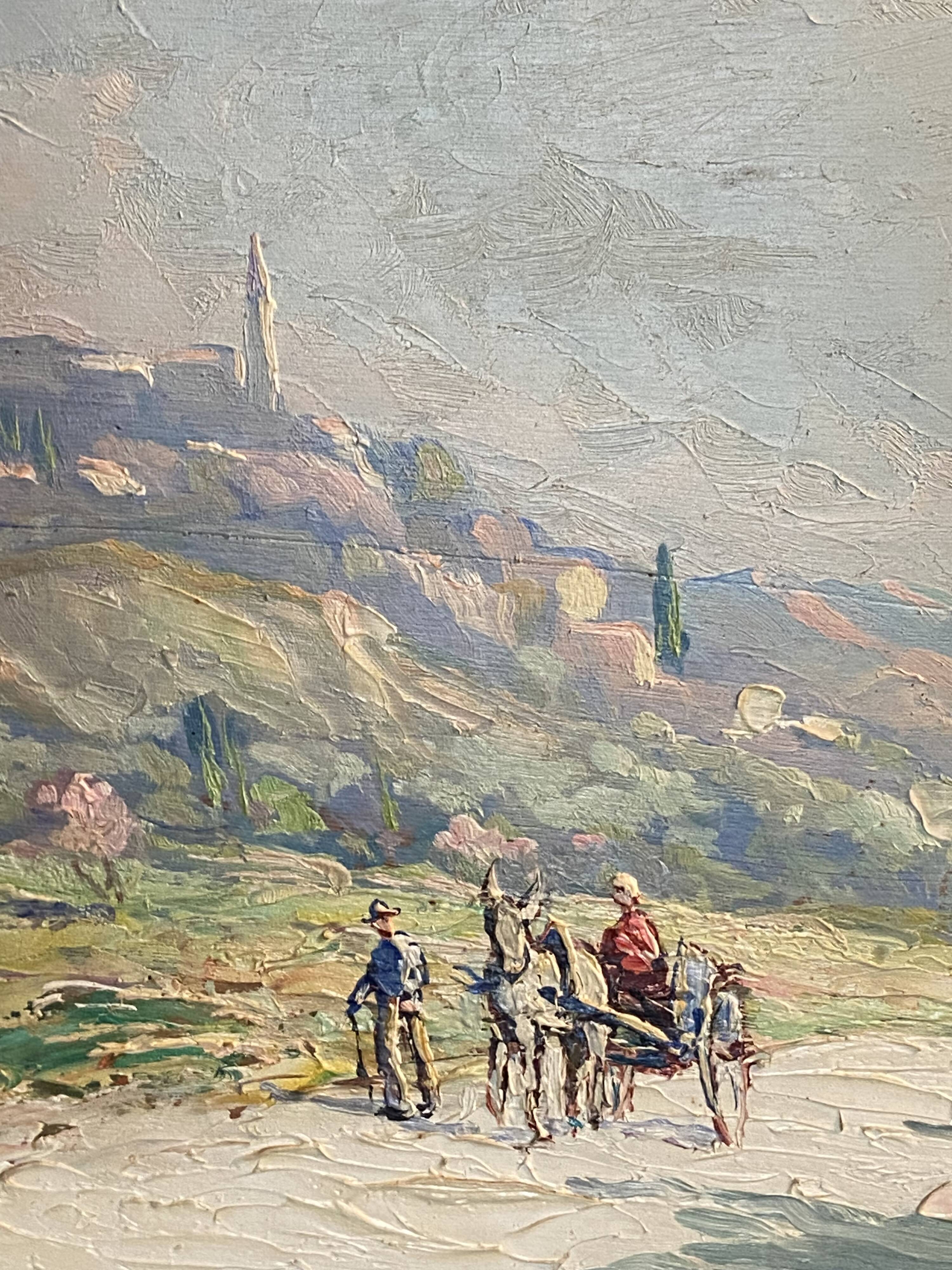 Landscape painting view from the village of Les Angles, Gard, Avignon, Hurard 1887-1956