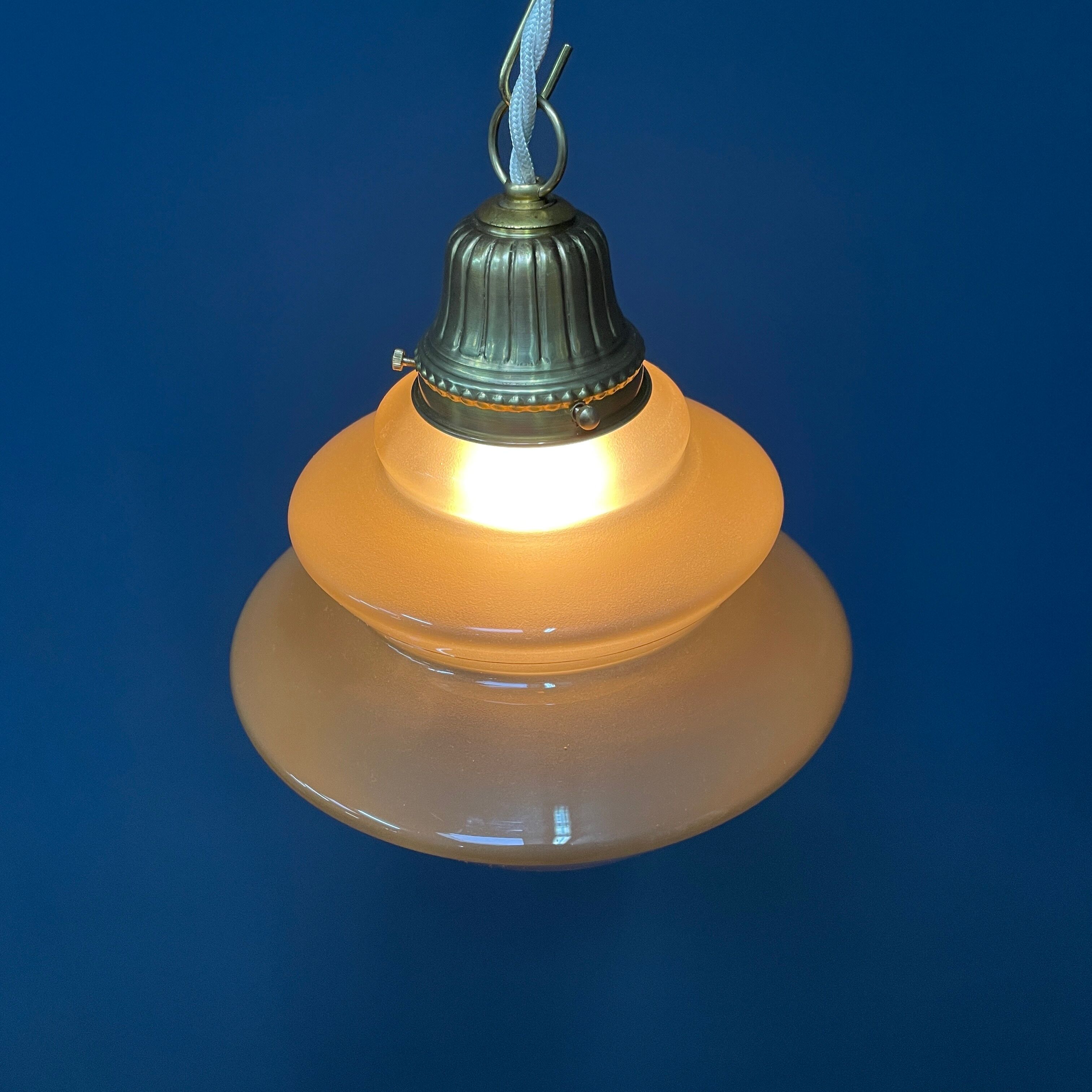 Vintage ocher glass hanging lamps with brass gallery