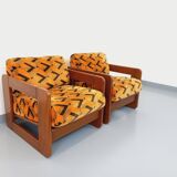 Pair of vintage walnut and velvet fabric sleigh armchairs from the 70s