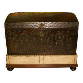 17th century studded leather travel trunk, richly decorated