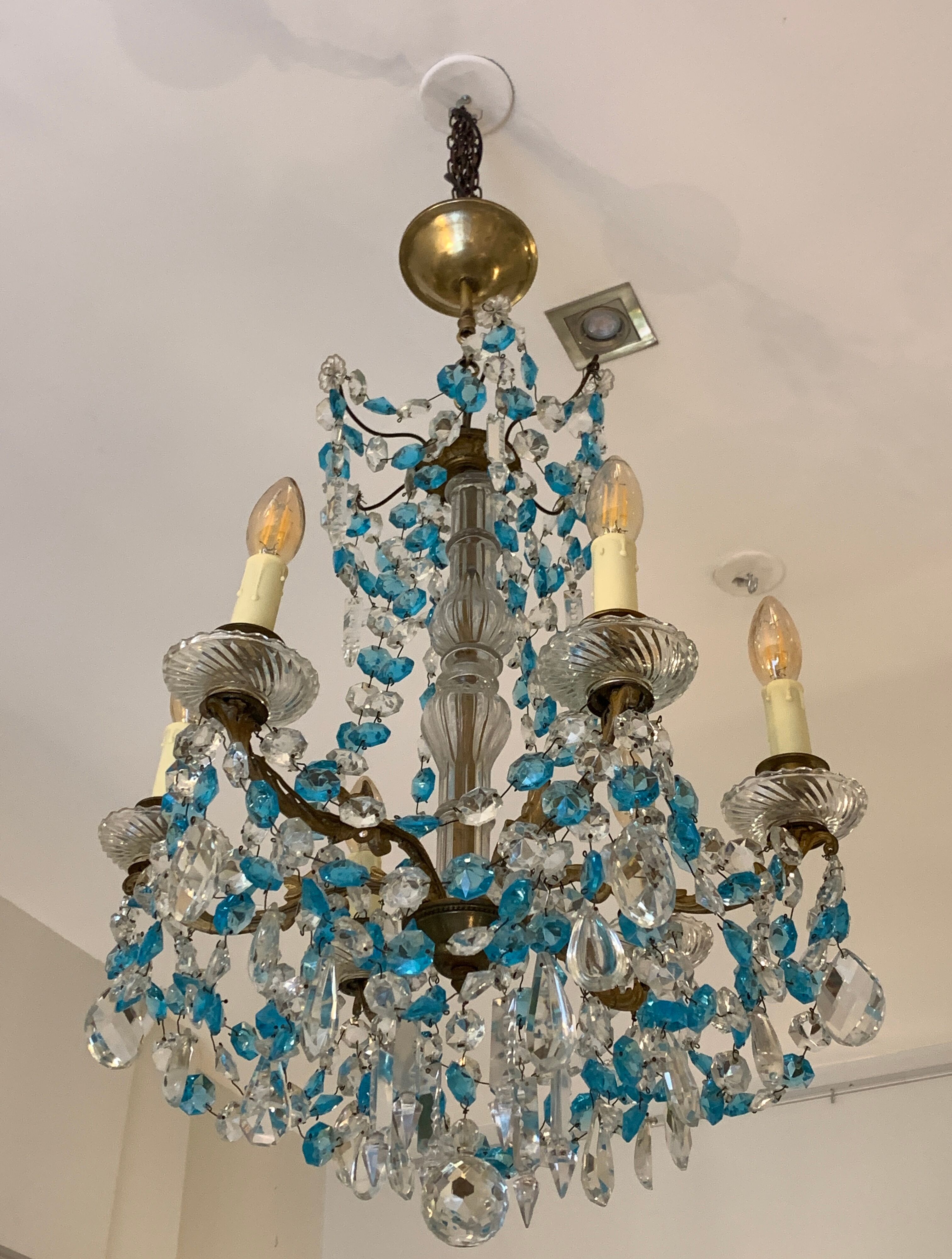Chandelier with blue crystal pimples, 6 lights, Baccarat, 1950, art nouveau style
