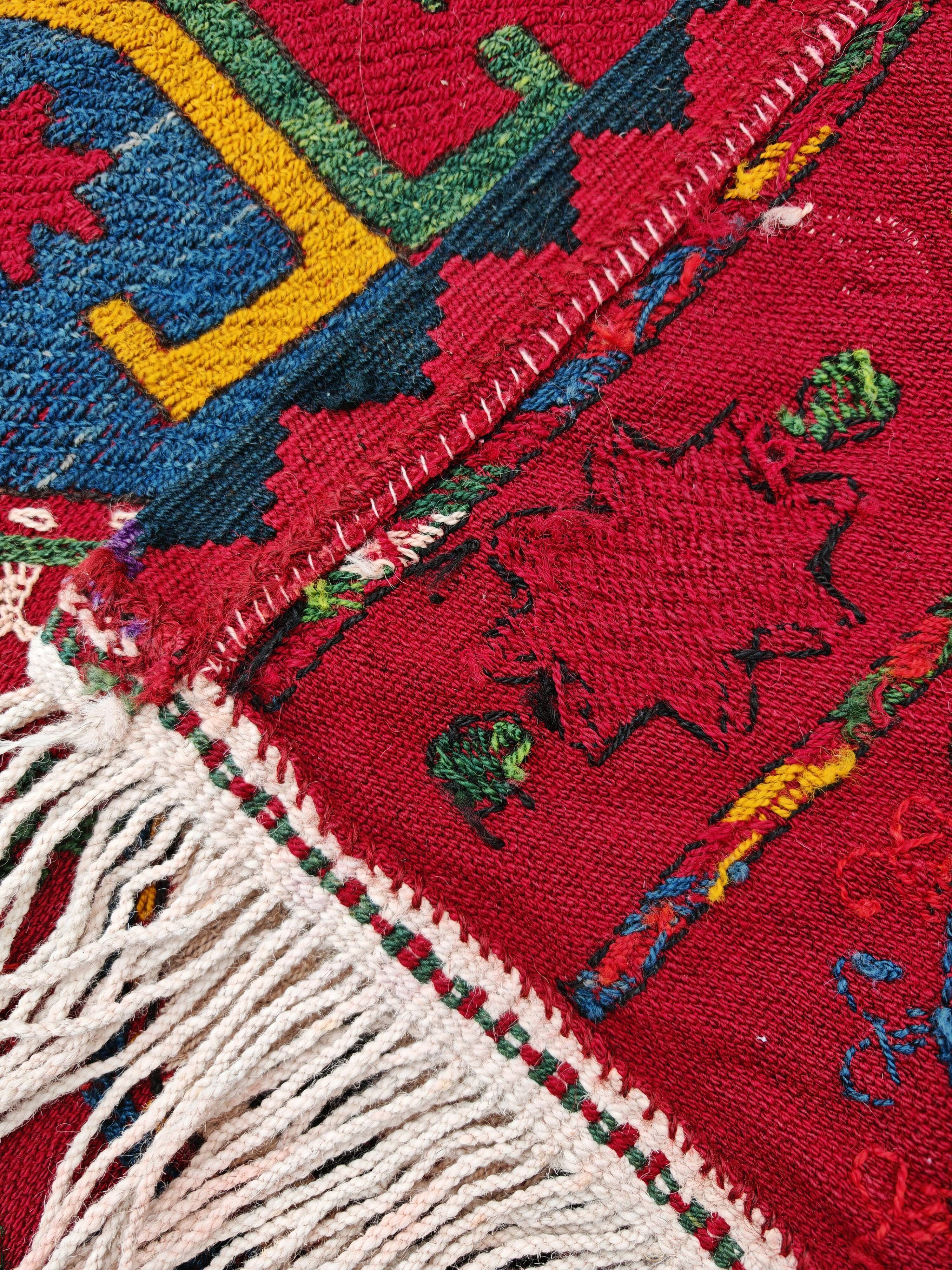 Ancient Uzbek Carpet Mixed Technique Flat Woven, Early 20th Century