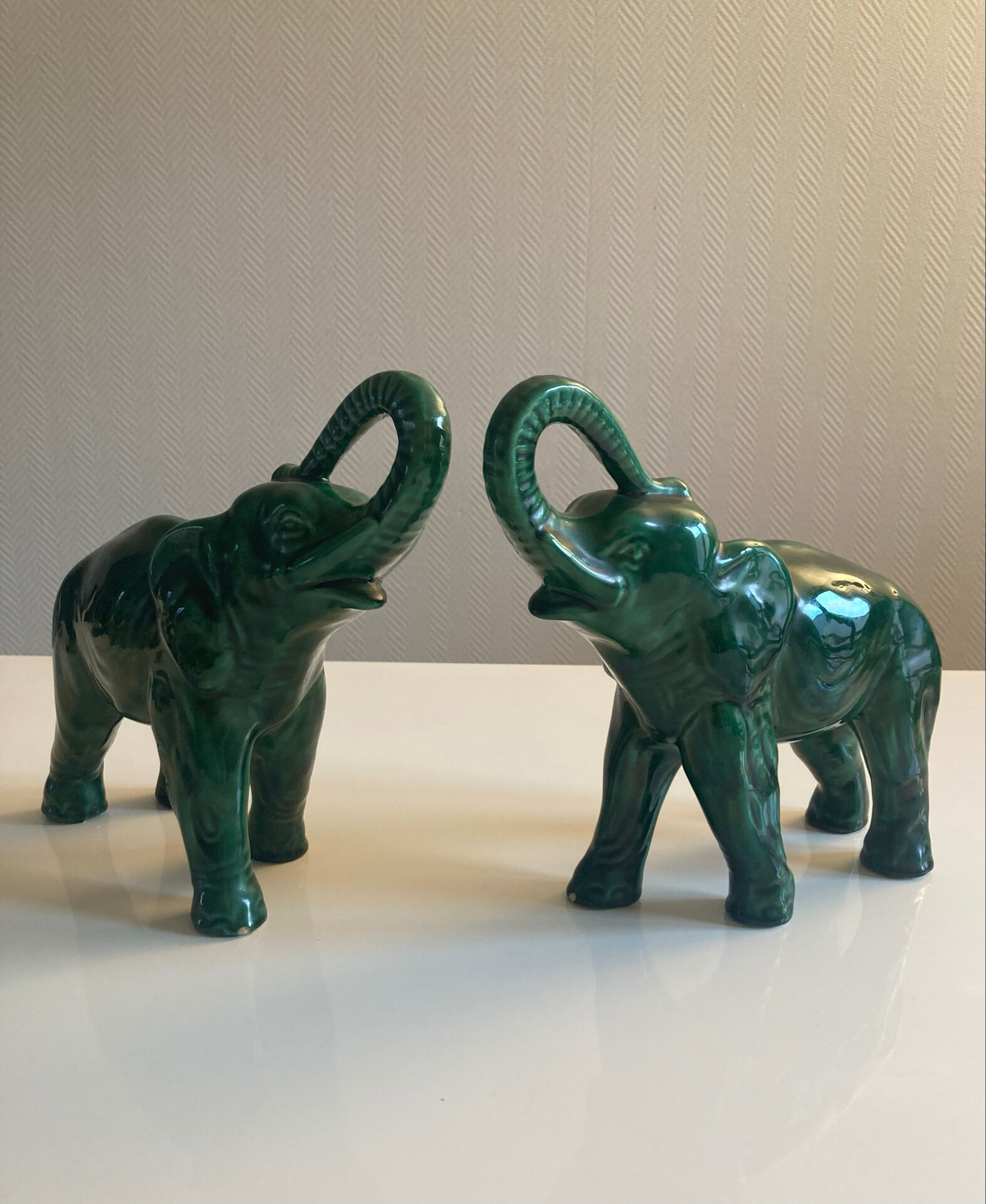 Pair of marbled faience elephants from Saint Clément