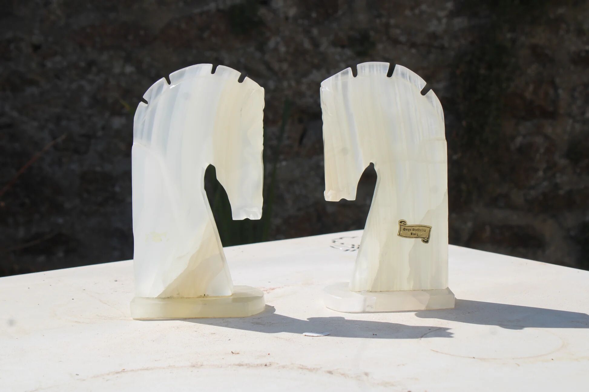 Vintage white onyx bookends – Horse heads