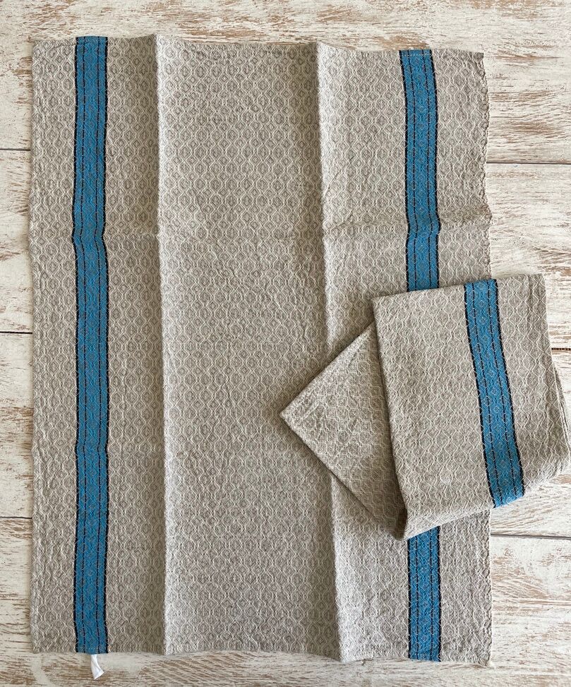 Set of 2 jacquard tea towels with blue stripes - mixed breed linen / cotton - 67x50cm