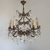 Magnificent French Antique Bronze Glass & Crystal 6 Light Cage Chandelier 4662