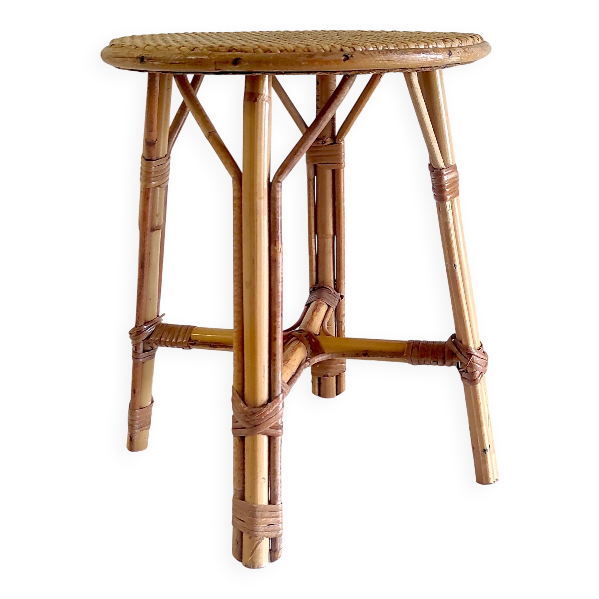 Rattan and cane stool - mid-20th century