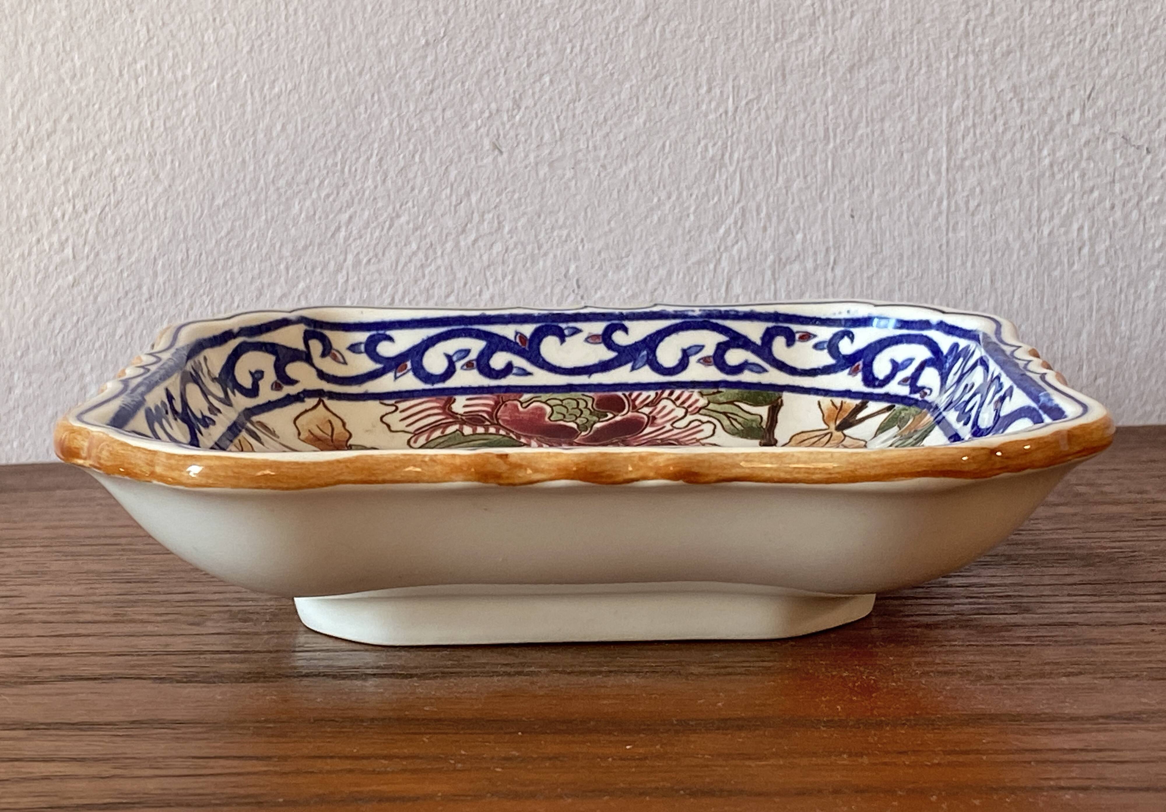 Small square Gien earthenware dish/trinket tray with peony decoration