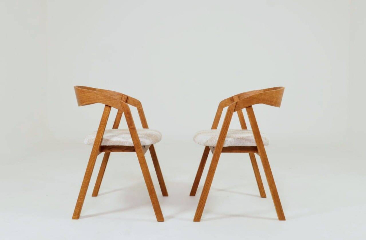 Oak dining chairs set of two, natural wood, jacquard fabric