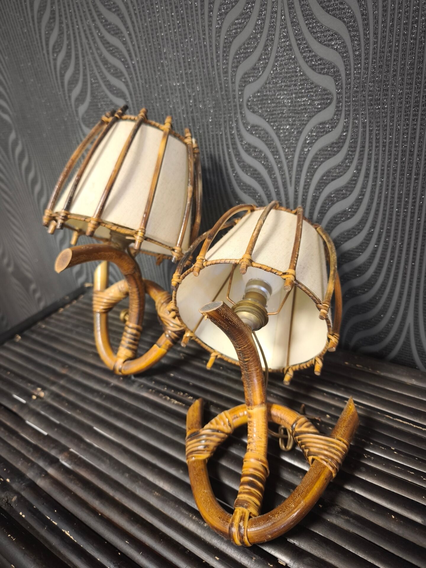 Pair of wall sconces in rattan