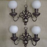 Pair of vintage French silvered Flemish wall sconces, double, with white glass shades 5006.