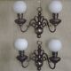 Pair of vintage French silvered Flemish wall sconces, double, with white glass shades 5006.