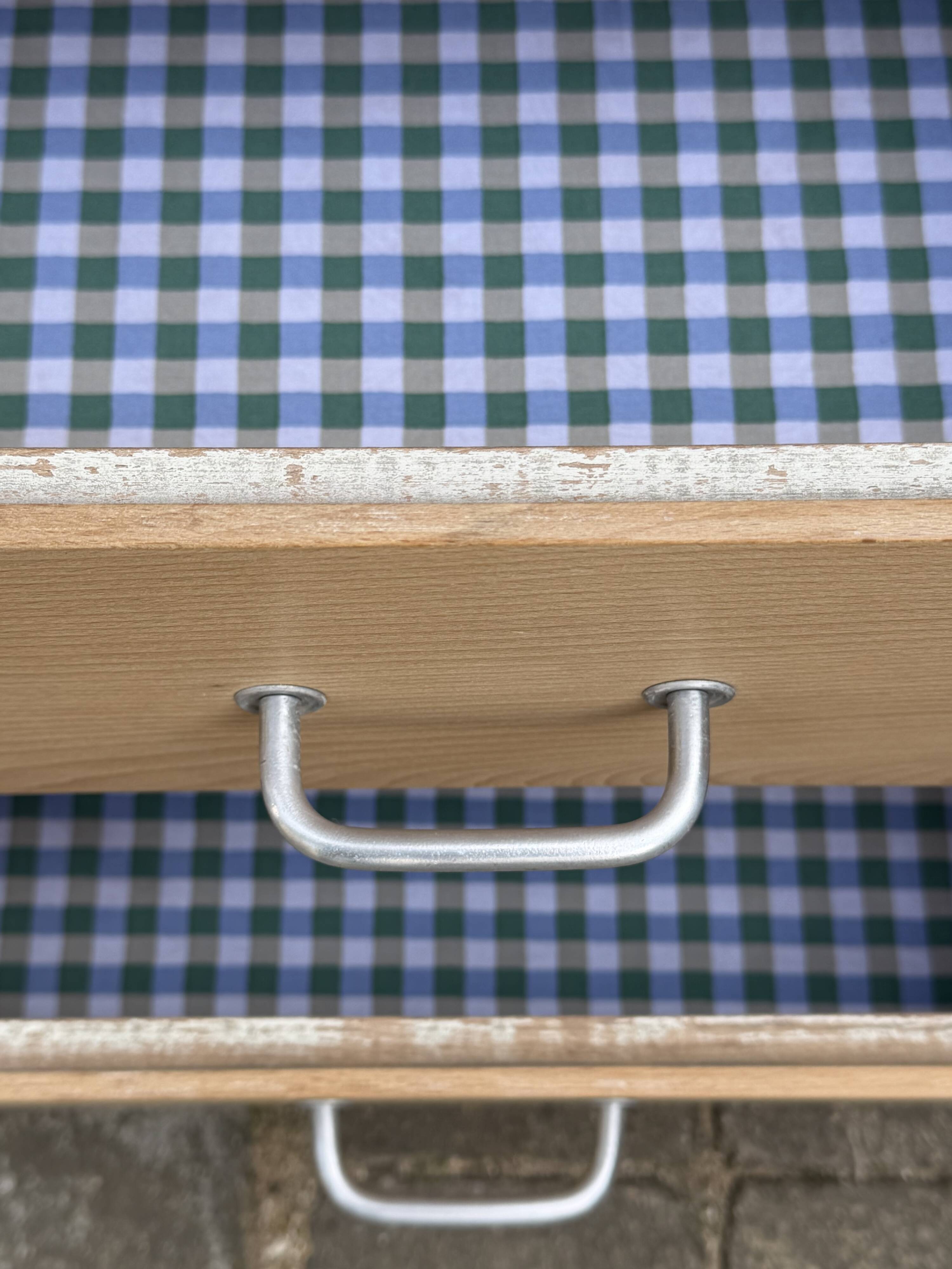 Vintage tall chest of drawers in raw wood and grey-blue from the 1950s.