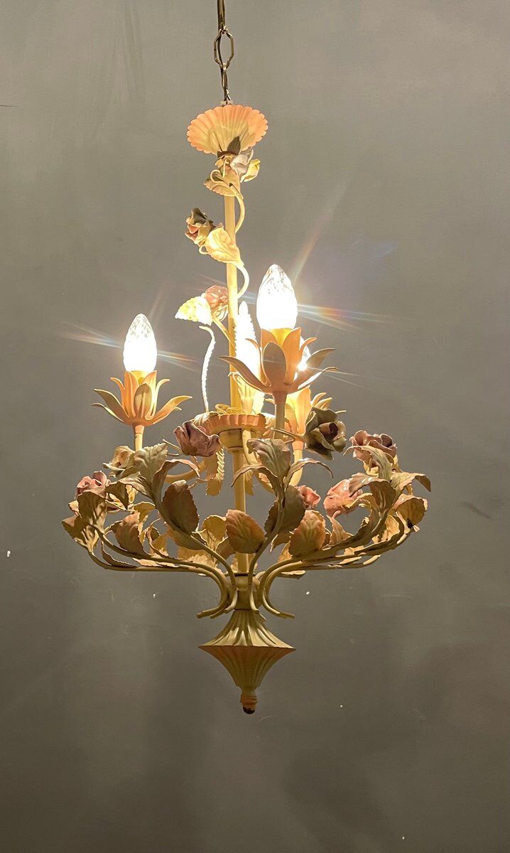 Italian Tole and Ceramic Rose Chandelier