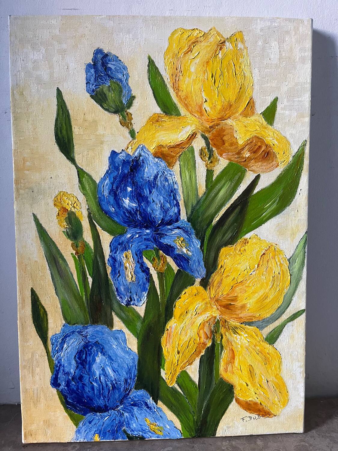 Blue and yellow irises, signed