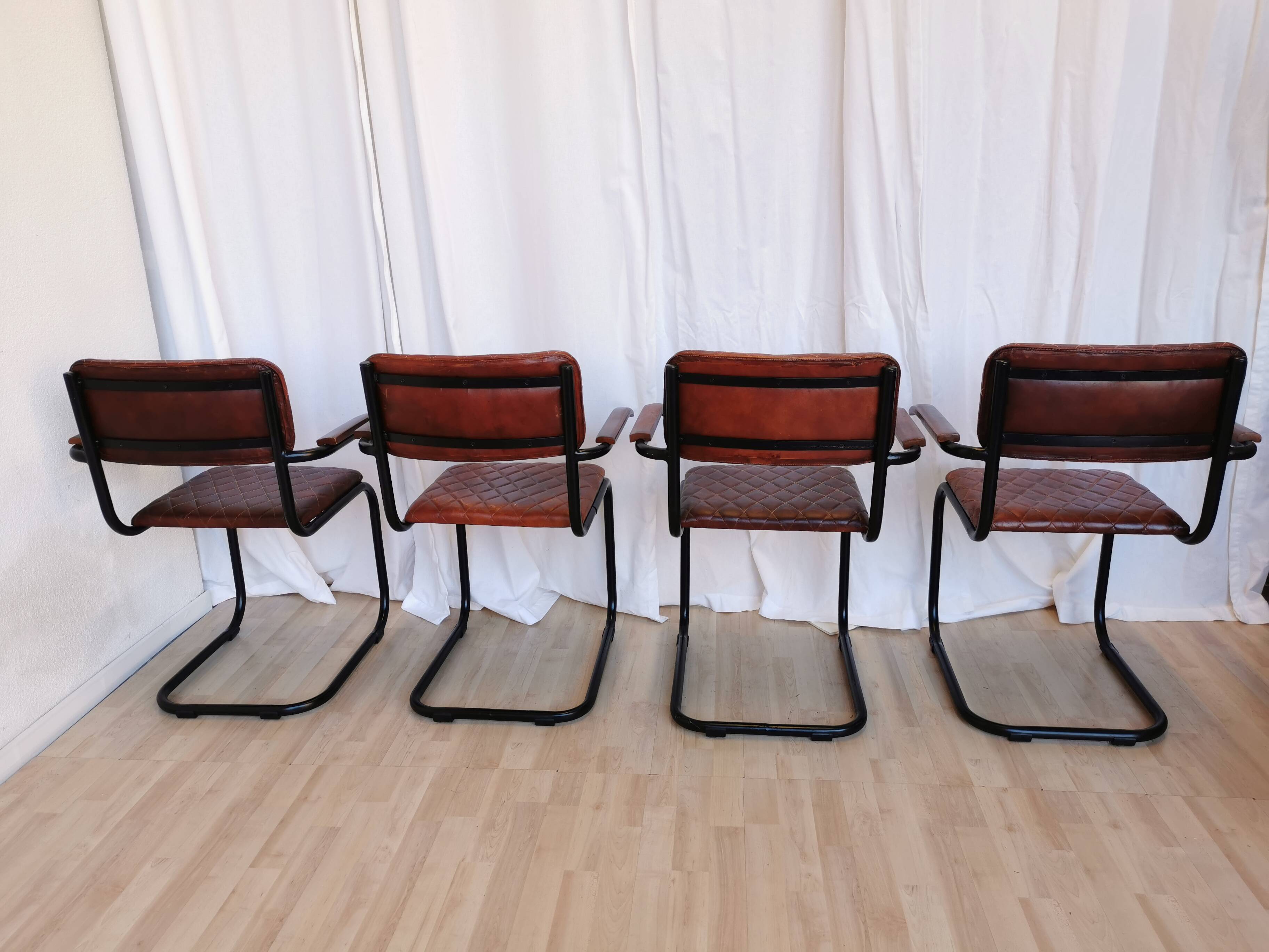 Set of 4 Vintage Quilted Leather Dining Chairs: Black Metal Base