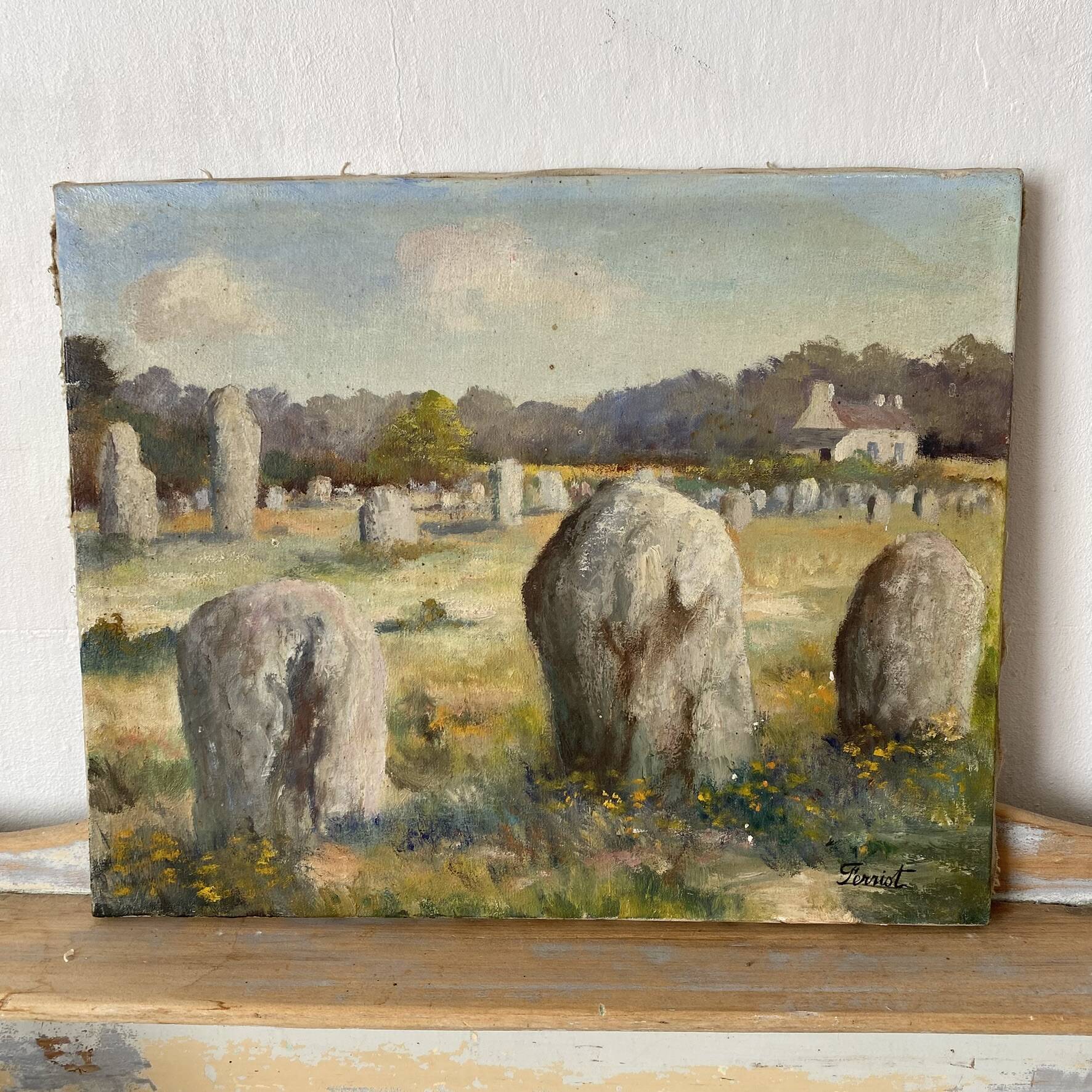Huile sur toile paysage de Bretagne  Lucien Ferriot , Dolmens