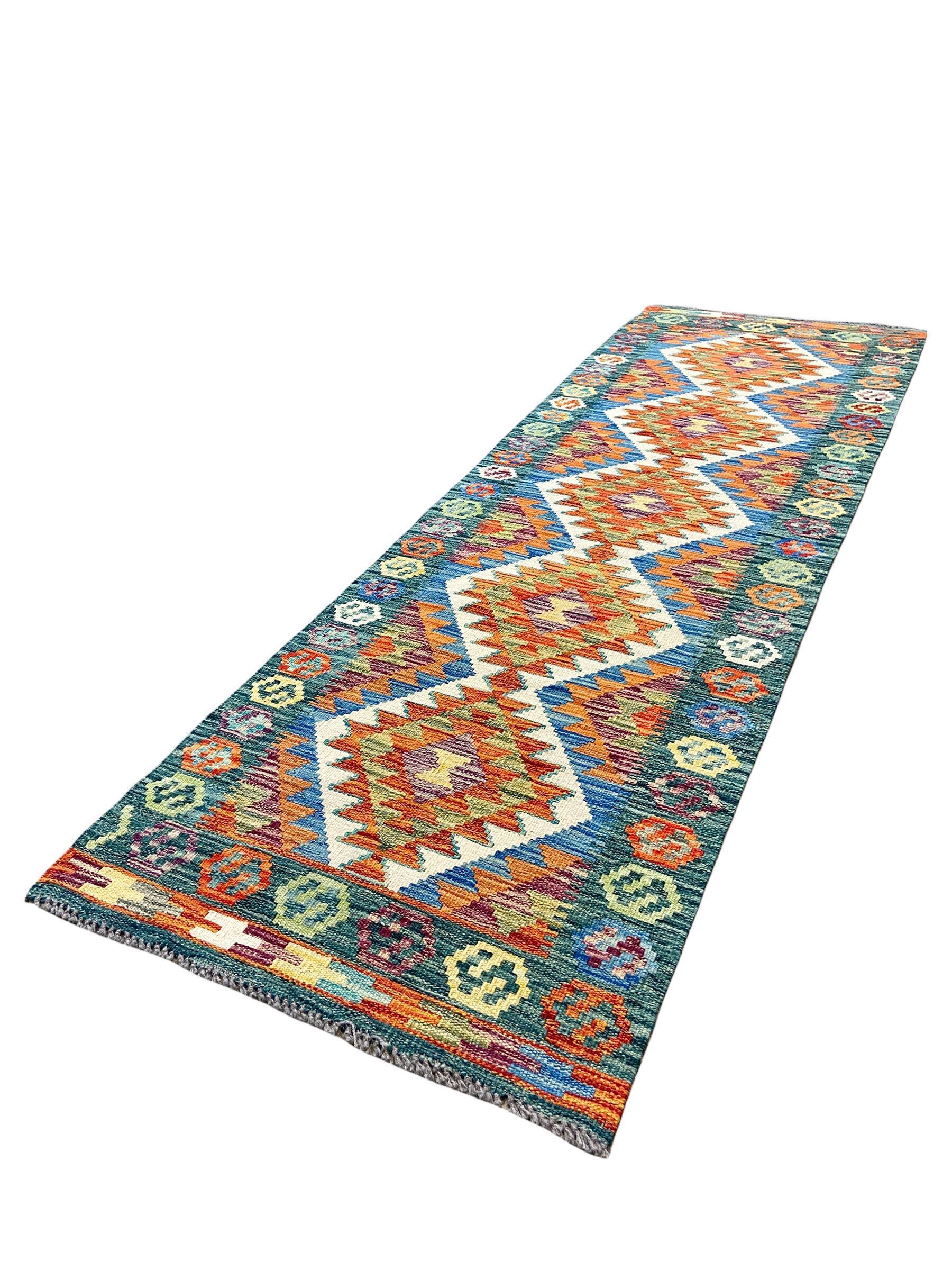 Green and orange hallway carpet